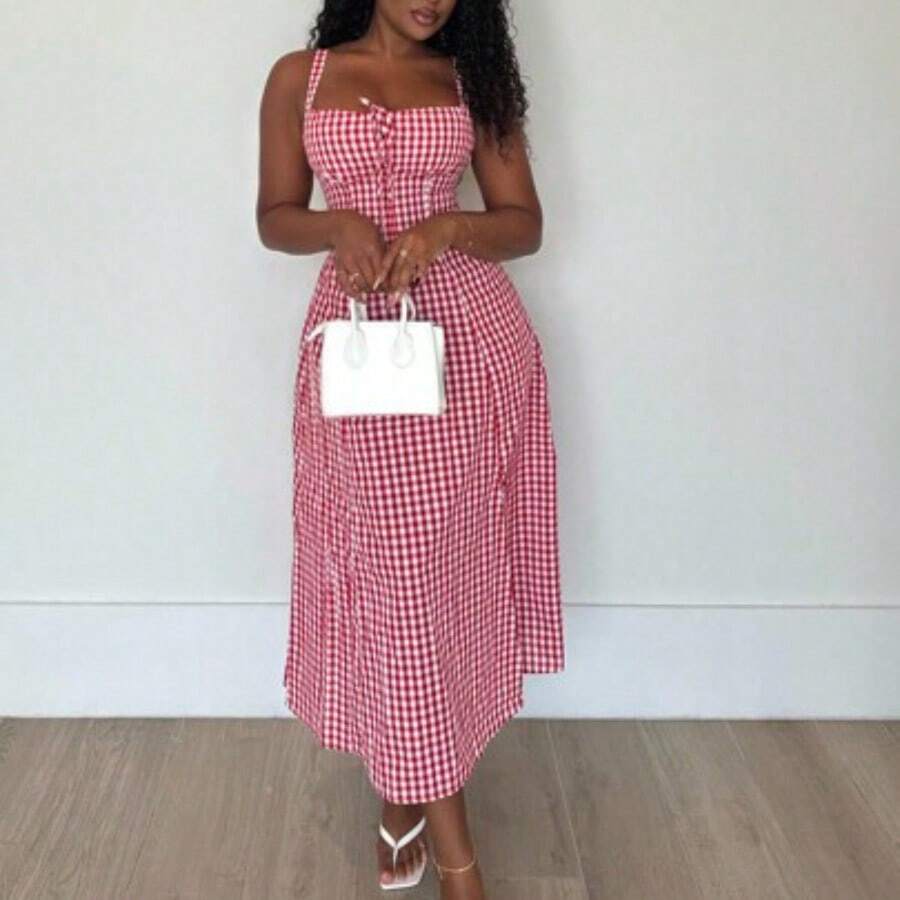 Women's Casual Plaid Print Spaghetti Strap Slit Midi Dress Women Summer Clothing Women Summer Sets Woman S Summer Clothes Women S Clothes Women Plus Sun Dress Yellow Summer Dress Women Yellow Sundress Women Cotton Summer Dresses Gingham Summer Dress Summer Dress,Boho Clothes Women New Year Vacation Check - Rojo y blanco - Ver 1