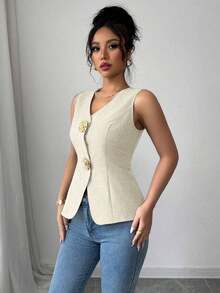 Blusa exterior con cuello en V ajustada con decoración de botones dorados con rosas - Albaricoque - Ver 4