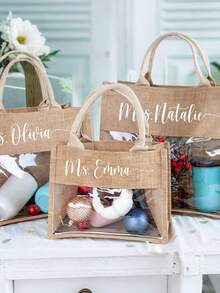Personalized Tote Bag With Name, Custom Text Canvas Tote Bag, Teacher Gift Bag, Custom Work Tote, Large Capacity Shopping Bag, Transparent Pocket Organizer Tote, Reusable Shoulder Bag, Personalized Gift For Teachers, Office Daily Carry Bag - Multicolor - View 2