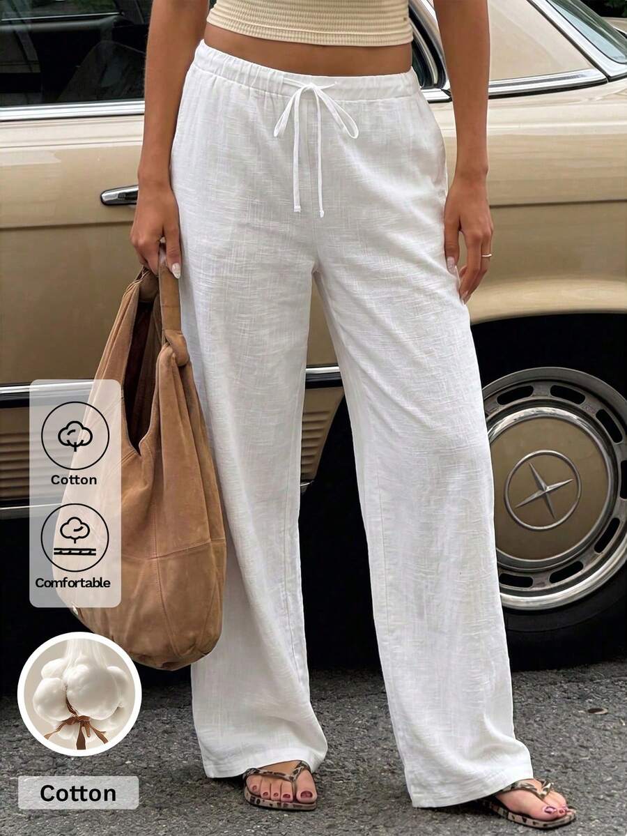 Pantalones anchos de lino blanco de verano casuales para mujer Unadoll, con cintura elástica con cordón, pantalones sueltos adecuados para vacaciones y uso diario en primavera - Blanco - Ver 1