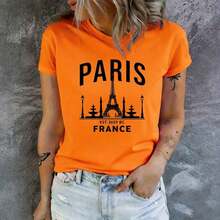 Women's Oversized T-Shirt With Retro Graphic Print Of The Eiffel Tower Of Paris, French Cityscape Design, Casual Daily Wear, Loose Fit, Machine Washable, Stylish Women's Top | Casual Everyday Top - 橘色 - 查看 11