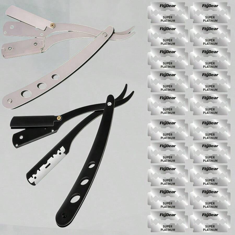Set Of Men'S Straight Razors With Folding Design For Shaving And Hair Removal, Complete With Blades