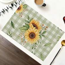 A Complete Set Of Daily Sunflower, Green Leaf, Green Checkered, And Striped Patterned Placemats, Suitable For Spring, Summer, Autumn, And Winter. It Adopts A Multi-Color Pattern Design And Is Woven From 100% Polyester Fiber. The Size Is 12 * 18 Inches And Can Be Machine Washed With Polyester Placemats. Heat Resistant, Stain Resistant, Waterproof, Easy To Clean, Suitable For Dining Tables, Holiday Party Decorations, Desktop Protection, Kitchen And Living Room Decorations, And Daily Use. - Multicolor - View 6