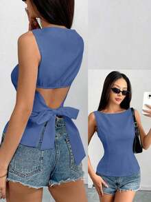 Camisa sin mangas con lazo en la espalda de unicolor, elegante, casual, sexy y minimalista para uso en la oficina y negocios para mujeres, primavera/verano - Azul - Ver 1