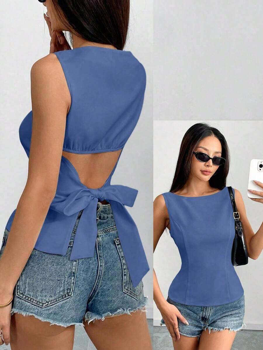 Camisa sin mangas con lazo en la espalda de unicolor, elegante, casual, sexy y minimalista para uso en la oficina y negocios para mujeres, primavera/verano - Azul - Ver 1