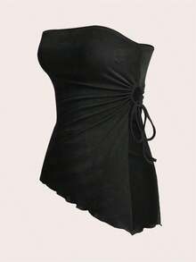 Blusa negra tubo con recogido en la cintura, bajo asimétrico y atado a los lados - Negro - Ver 2
