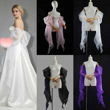 1pc White Organza Bridal Long Sleeve Arm Sleeves With Ribbon, Puff Sleeves, Detachable Black/Pink/Purple Decor Sleeves Bridal Accessory - Multicolor - View 2