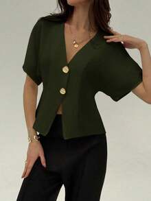Camisa blanca sólida con mangas de murciélago, doble botonadura y frente abierto elegante - Verde militar - Ver 4