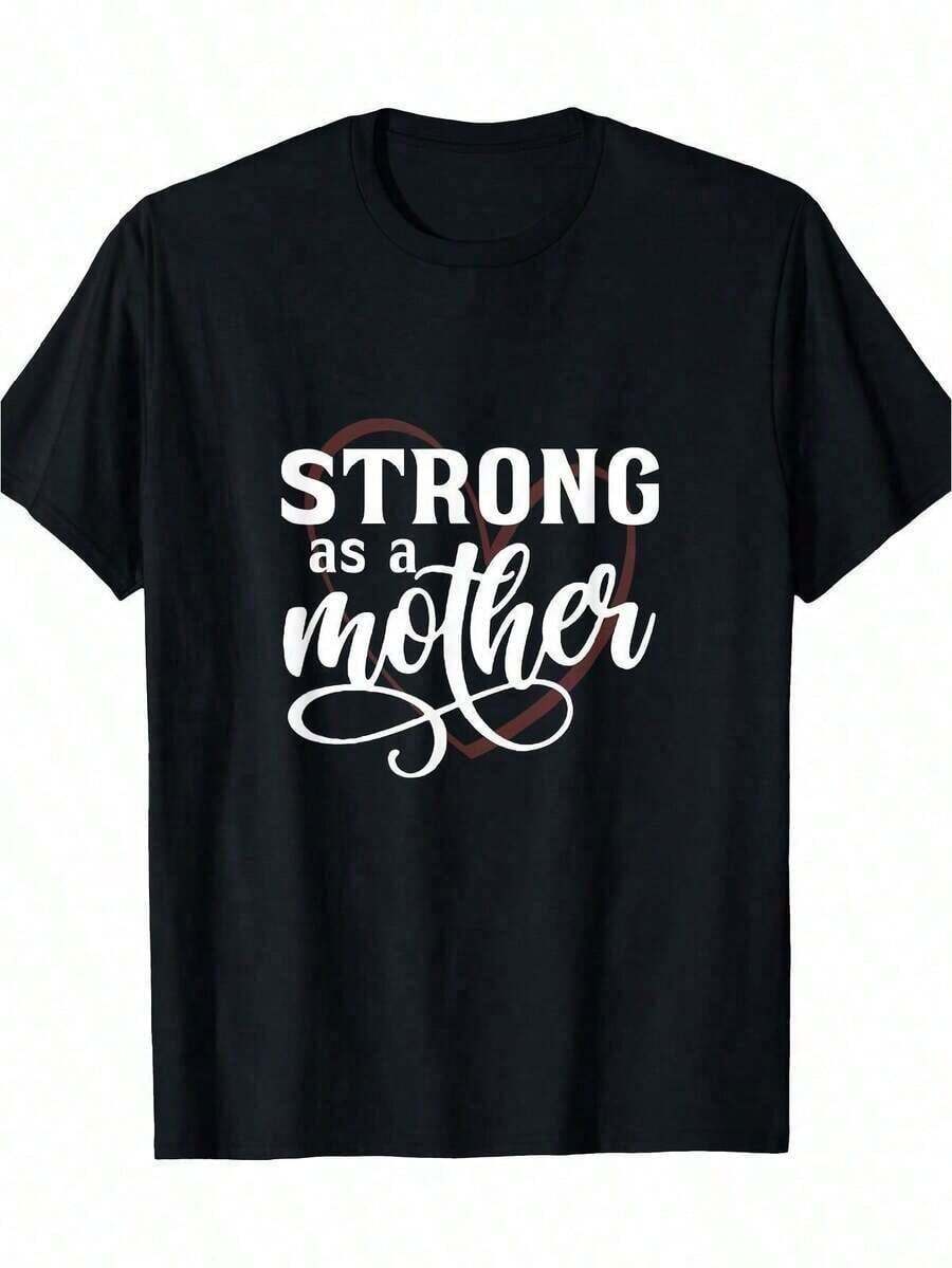 'Strong Like A Mom' Graphic T-Shirt - Tough Mom Weightlifting T-Shirt, Black With White And Red Print, Casual Crew Neck, Machine Washable, Comfortable Fit For All Seasons. - 黑色 - 查看 1