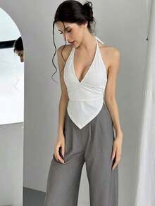 Top corto con escote en V profundo, cuello de halter, tirantes con lazo y espalda descubierta para mujer - Blanco - Ver 4