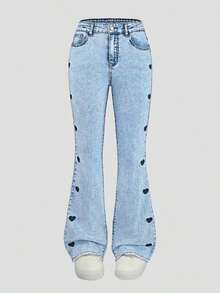 Explorewe Jeans de mezclilla estilo Y2K versátiles lavados y desgastados con pierna acampanada y elásticos para niñas adolescentes - Lavado ligero 2 - Ver 9