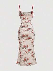 Vestido de mujer con estampado floral vintage, bloques de color, tirantes de hombro y pliegues en la cintura - Burdeos - Ver 2