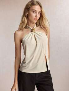 Top con cuello de halter, diseño de botón de metal verde, abertura lateral, elegante y chic para uso urbano y diario, estilo romántico retro de los 90.Adecuado para Navidad, Año Nuevo, San Valentín, fiestas, playa, graduación, moda, carnaval, bod - Albaricoque 2 - Ver 7