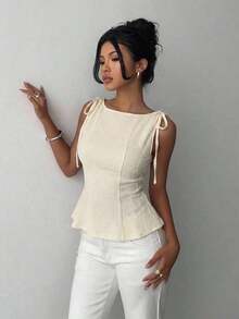 1 pieza Blusa informal de punto de unicolor con volante, verano - Albaricoque - Ver 5