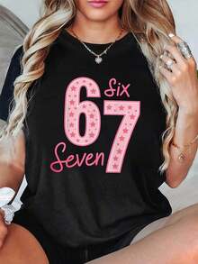 Casual Women'S T-Shirt Featuring A 67 Print, Perfect For Spring And Summer. This Short-Sleeve Tee Is Breathable And Ideal For Everyday Use And Light Workouts, Made From Non-Transparent Fabric - Negro - Ver 1