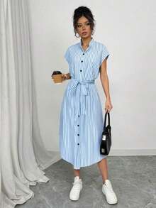 Vestido largo de manga corta para verano 2025, nuevo, con bolsillo, abertura lateral, cinturón y lazo, estampado de leopardo, para uso casual y de viaje - Azul 2 - Ver 6