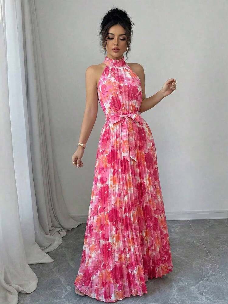 Vestido elegante y romántico sin mangas con cuello en V y bajo acampanado con estampado, multicolor, para mujeres - Multicolor 2 - Añade 3