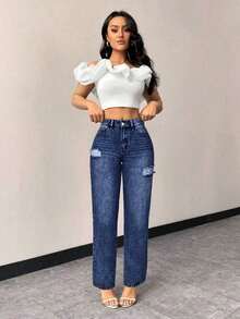 Jeans rectos de talle alto con bolsillos, ajustados y desgastados para mujer - Azul lavado oscuro - Ver 4