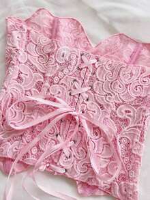 WYWH Estilo europeo y americano, joven, vacaciones, sexy, vanguardista, corsé con encaje de doble capa, espiga, sin tirantes, marrón café, calado, bordado, prenda moldeadora - Rosa Pálido - Ver 5