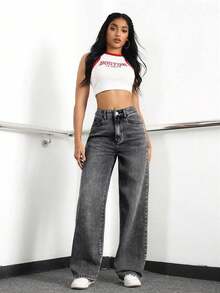 Jeans de mezclilla de pierna ancha recta de diseño simple con cintura alta para mujeres a la moda - Gris Claro - Ver 3
