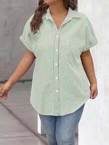 Vionelle Blusa casual de talla grande para mujer con estampado de rayas azul y blanco, de manga corta y abotonada, para el verano - Verde - Ver 3