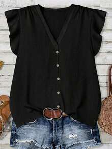 Camisa casual de vacaciones para mujer, diseño minimalista adecuado para el verano, blusa con estampado floral diminuto, camisa de verano para mujer, conjunto de vacaciones para mujer - Negro - Ver 3