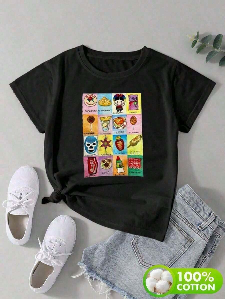 Ropa de mujer de talla grande,Camiseta mujer casual algodón blanca holgada cuello redondo manga corta primavera verano uso diario con diseño de LOTERIA 2 tipica mexicanablusas para mujer - Negro - Ver 1