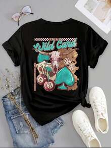 Women's Casual Summer Vacation Short Sleeve T-Shirt, Fashionable Western Retro Style With Letter Print, Hearts, Sheep Head And Cherries, Round Neck. Loose, Casual And Versatile T-Shirt, Y2k Style. - 黑色 - 查看 2