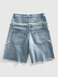 ROMWE MEN Street Life Pantalones cortos de mezclilla con doble cintura y bordado para hombres - Celeste - Ver 3
