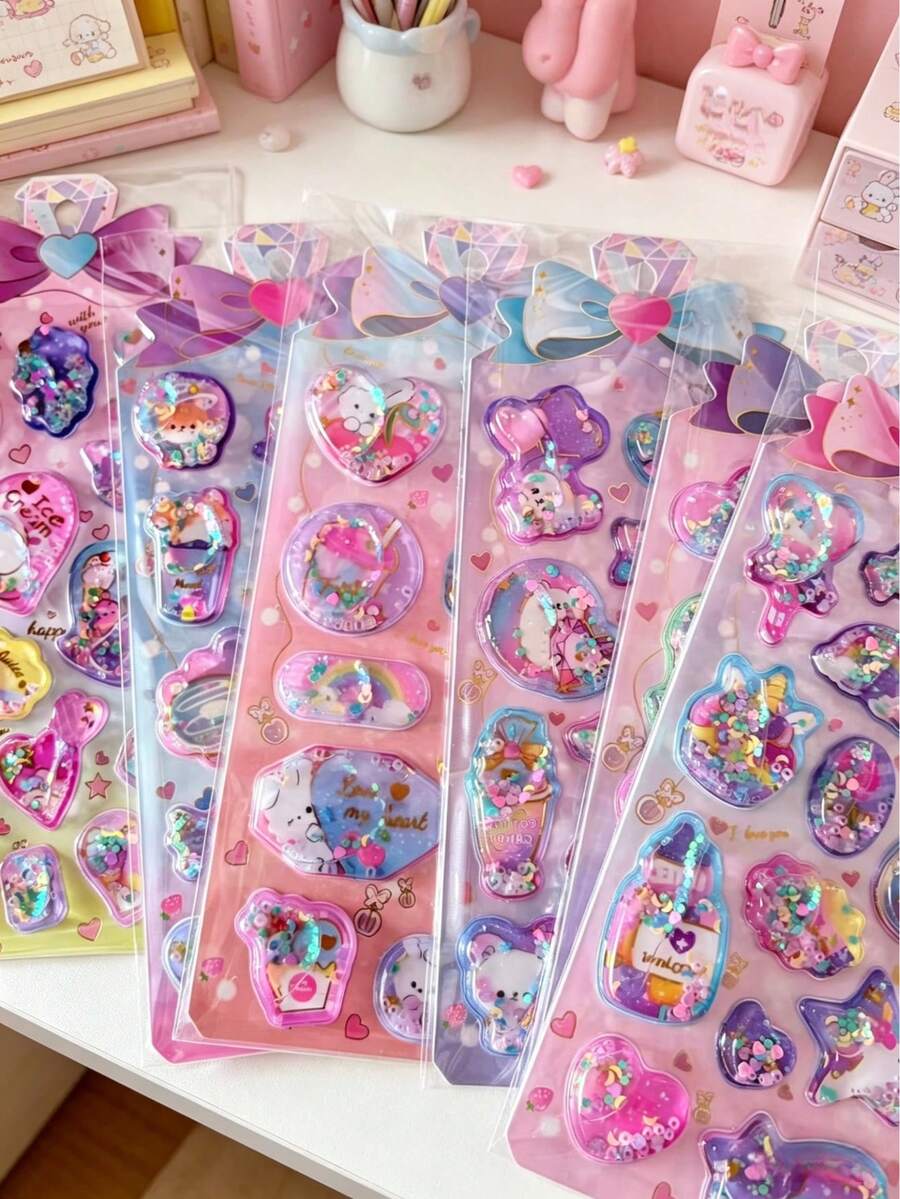 Cute Shiny Glitter Shaking Stickers 3D Glitter Heart Animal Decorative Stickers Suitable For Diary, Photo Album, Phone Case Decoration - Color - View 1