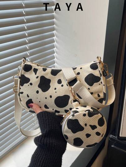 New Retro Fashion Corduroy Cow Print Square Bag. Zipper Opening, Soft Body, Adjustable Long Shoulder Strap, Small Capacity Lightweight Minimalist Crossbody Bag. Comes With Mini Round Coin Purse. Suitable For Women's Daily Life, Commuting, Work, Vacation And Student Use