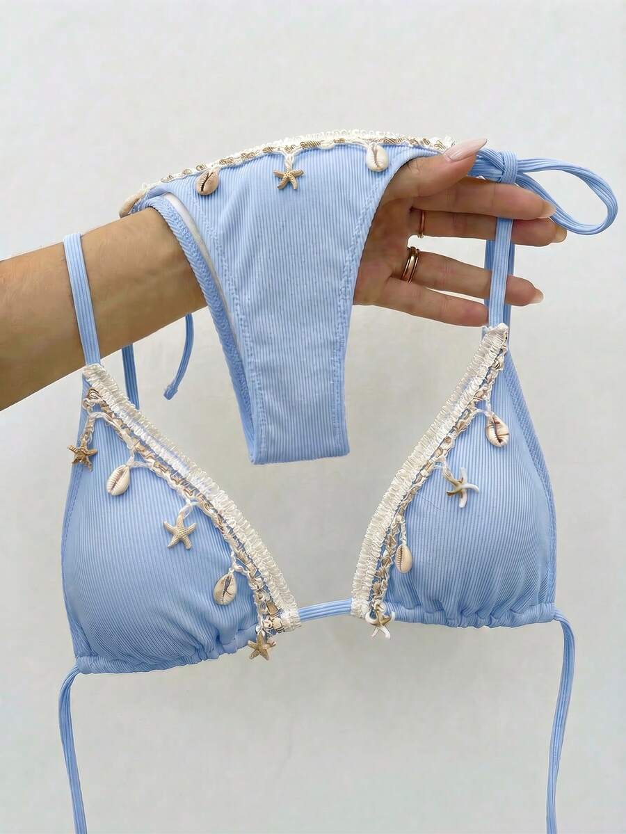 Bikinx Women's Solid Color Satin Ribbon & Shell Decor Triangle Cup Tie Bikini Set, Suitable For Summer Beach Vacation - Baby Blue - View 1