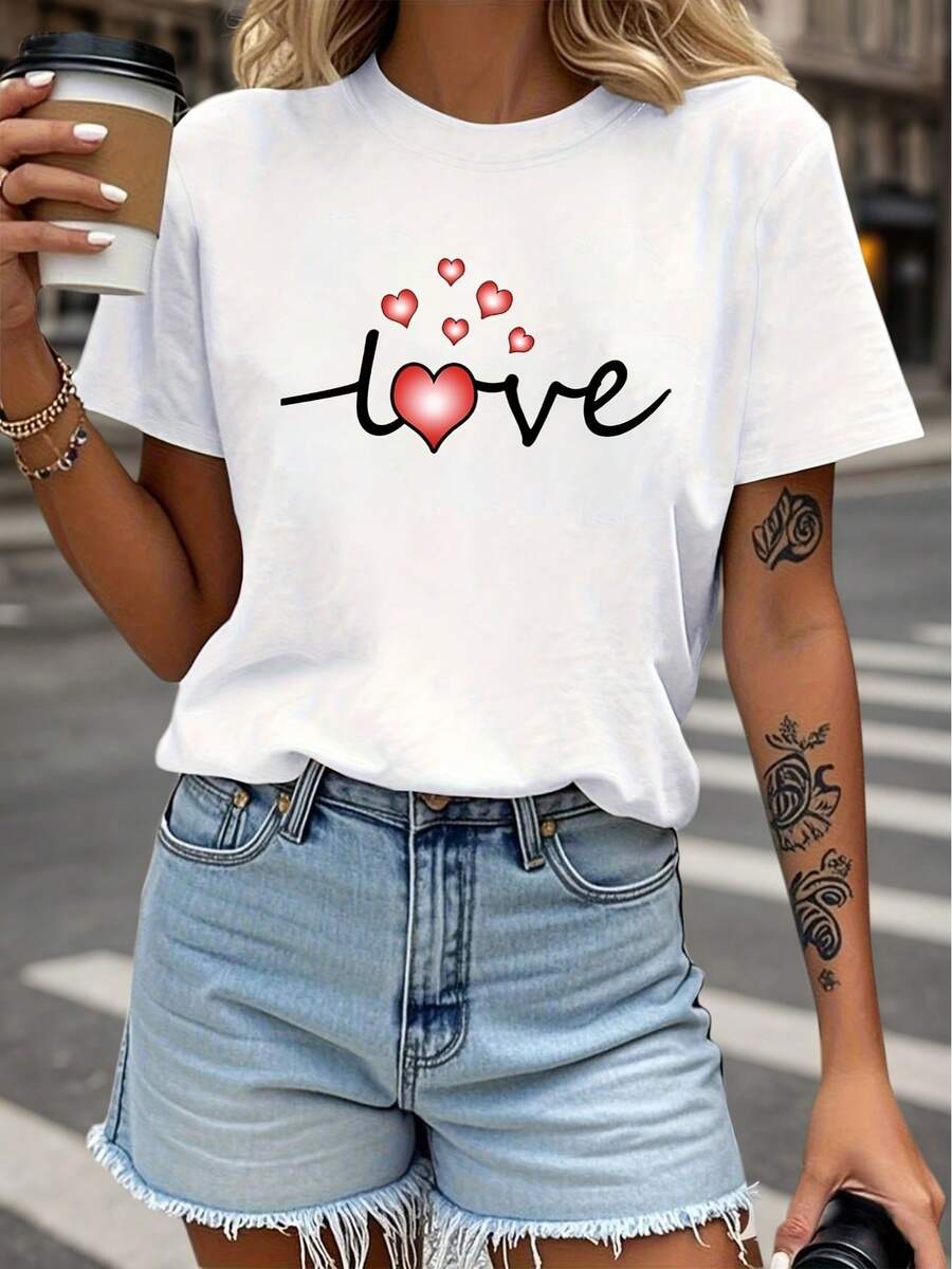 Elegante camiseta de uso diario en talla grande, diseño creativo con estampado de "Corazón Romántico" para el Día de San Valentín, camiseta blanca de manga corta con cuello redondo para mujer - lavable a máquina, adecuada para fiestas, salidas informales, reuniones de amigos, ropa de vacaciones, regalo navideño, camiseta de moda chic. - Blanco - Ver 1