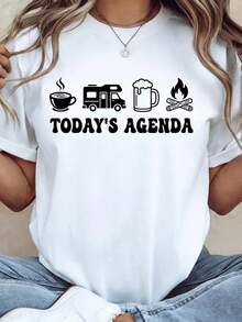 Today's Agenda Unisex T-Shirt, Fun Lifestyle Camping T-Shirt, Campfire T-Shirt With Coffee And Beer. Made From 220g Pure Cotton, This Unisex T-Shirt Is The Ideal Weight For All Seasons And Is Suitable For Both Men And Women. The Durable, High-Quality Fabric Is Soft To The Touch And Long-Lasting. Breathable Top. Perfect For Women In Spring And Summer, On Vacation, Mother's Day, Or Independence Day. - 白色 - 查看 1