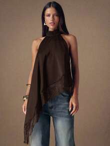 Top de satén con parches de encaje elegante sin espalda, blusa sexy de cuello halter sin mangas para fiestas, cócteles, ocasiones formales, Navidad y casual de negocios - Burdeos - Ver 7