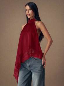 Top de satén con parches de encaje elegante sin espalda, blusa sexy de cuello halter sin mangas para fiestas, cócteles, ocasiones formales, Navidad y casual de negocios - Burdeos - Ver 3