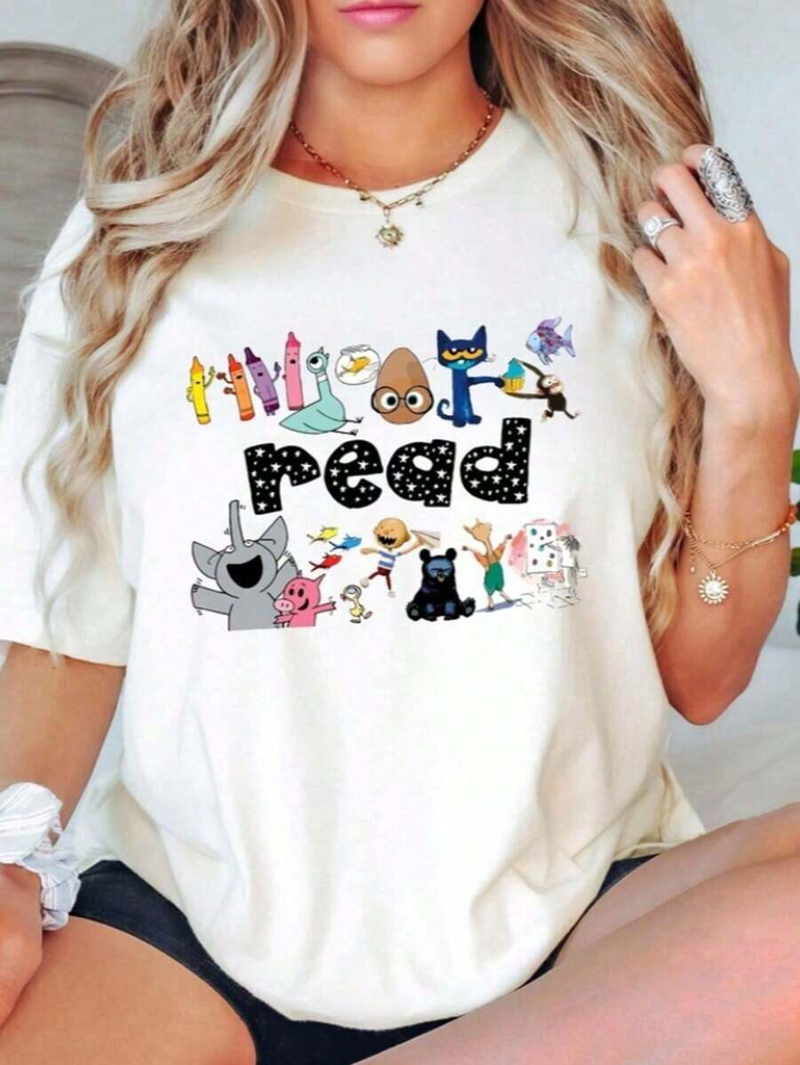 GiftGiftGiftGiftComfort Colots Camiseta de Maestra con Estampado de Libros para Niños, Camisetas Gráficas Oversize para Mujer, Camiseta para Amantes de los Libros, Camiseta de Maestra, Camiseta de Maestra de Primaria, Camiseta de Jardín de Infancia, Camisetas y Tops de Verano para Mujer, Camiseta de Manga Corta de Algodón Puro con Cuello Redondo Estilo Urbano, Suave. SuaveSuave - blanco002 - Ver 1