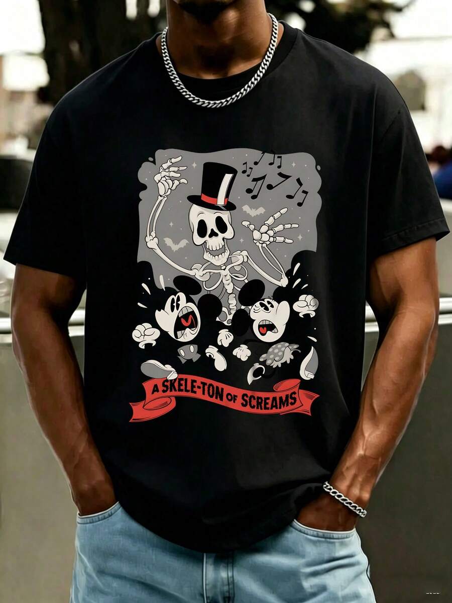 Unisex Disney Halloween Mickey Tee, Spooky Print, Casual Fit, Perfect For Holiday Season. - 黑色 - 查看 1