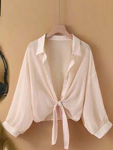 Nueva blusa de gasa de unicolor con chal corto casual de estilo de alas de murciélago para mujeres - Caqui - Ver 7