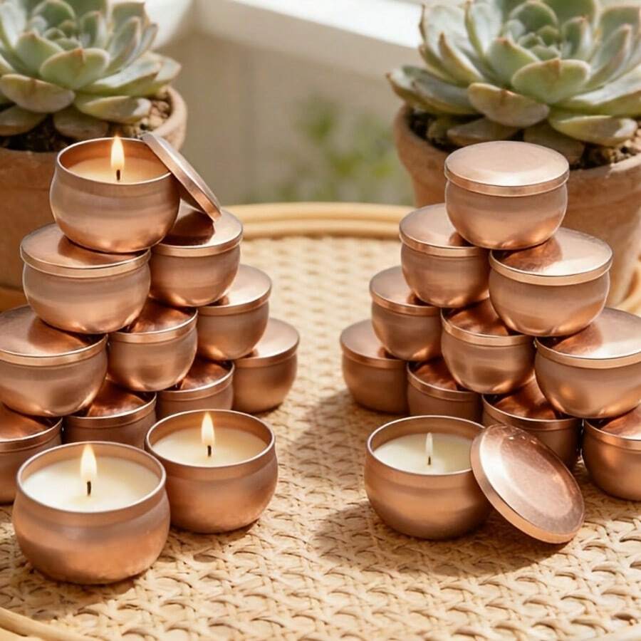 52pcs Rose Golden Candle Jar Making Set | 2.2 Oz Round Iron Empty Candle Jars, Portable, Suitable For Various Craft Projects And Special Occasions, Includes 8 Jars, 8 Wick Holders, 16 Wicks, 20 Sticker Sheets, Reusable - 52pcs/set - View 1
