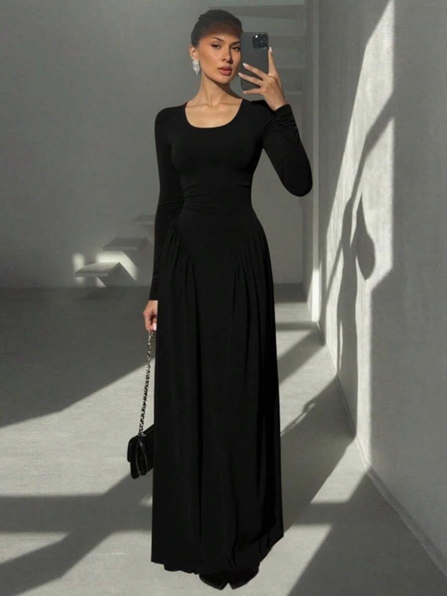 New Autumn Winter Collection Solid Color Dress French Style U-Neck Long Sleeve Dress With Ties Fitted Waist Elegant Sophisticated European Fashion For Women - 黑色 - 查看 1