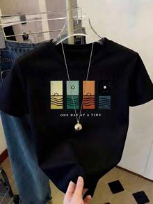Soft 100% Cotton T-Shirt, Casual Short-Sleeved Crew Neck T-Shirt For Women, Regular Length With 'One Day At A Time' Print. Breathable Cotton T-Shirt, Goes With Everything, Great. - 黑色 - 查看 8