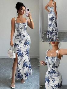 Nuevo vestido de mujer con tirantes de espagueti, lazo en la cintura, diseño de dobladillo fruncido y abertura, versátil para citas, fiestas y uso diario, favorecedora y elegante - azul real - Ver 8