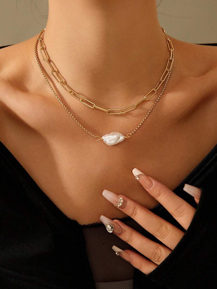 2pcs/Set Minimalist High-End Resin Baroque Faux Pearl Layered Necklace, Versatile For Daily, Work, Party Wear And Gift - Yellow Gold - View 1