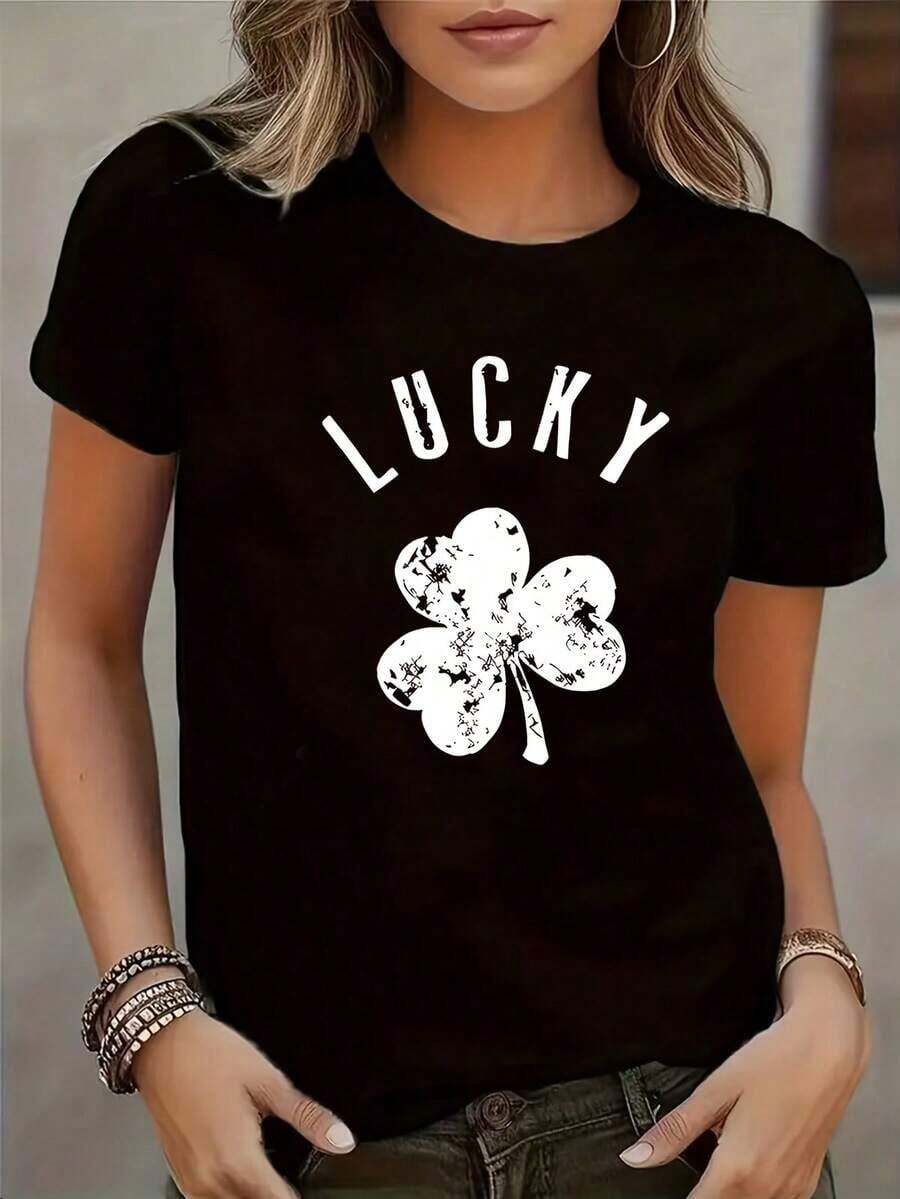 Camiseta de manga corta con estampado de trébol de la suerte para mujer - Blusa casual con cuello redondo negro y diseño de cuatro tréboles, top opaco lavable a máquina para atuendos casuales, esencial para vestimenta neutra durante todo el año. - Negro - Ver 1