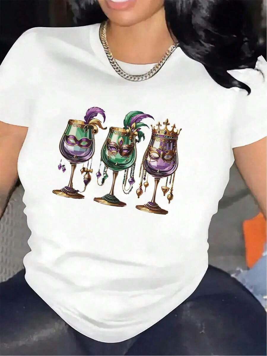Camiseta de Manga Corta para Mujer, Tejido de Poliéster, Diseño de Fiesta de Mardi Gras con Gafas y Corona Coloridas, Ligera y Duradera, Ideal para Festivales, Uso Casual o Decoración del Hogar, con Arte Vibrante y Ajuste Cómodo Blusas Bonito 100% Cotton - [Blanco] - Ver 1