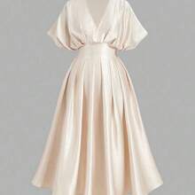 MOD Plus Size Solid Color V-Neck Ruched Waist Elegant Satin Dress Summer Dress Wedding Guest Dress For Women Birthday Dresses For Women Elegant Dresses For Women Elegant Commuter Dress Satin Midi Dress Elegant Midi Dress Champagne Women Dresses Tea Length Dress Silk Dresses,Valentine's Day Dress Satin Evening Gown Pleated Champagne Dress V-Neck Satin Gown Champagne Elegant Dress Long Formal Dress - Albaricoque - Ver 9