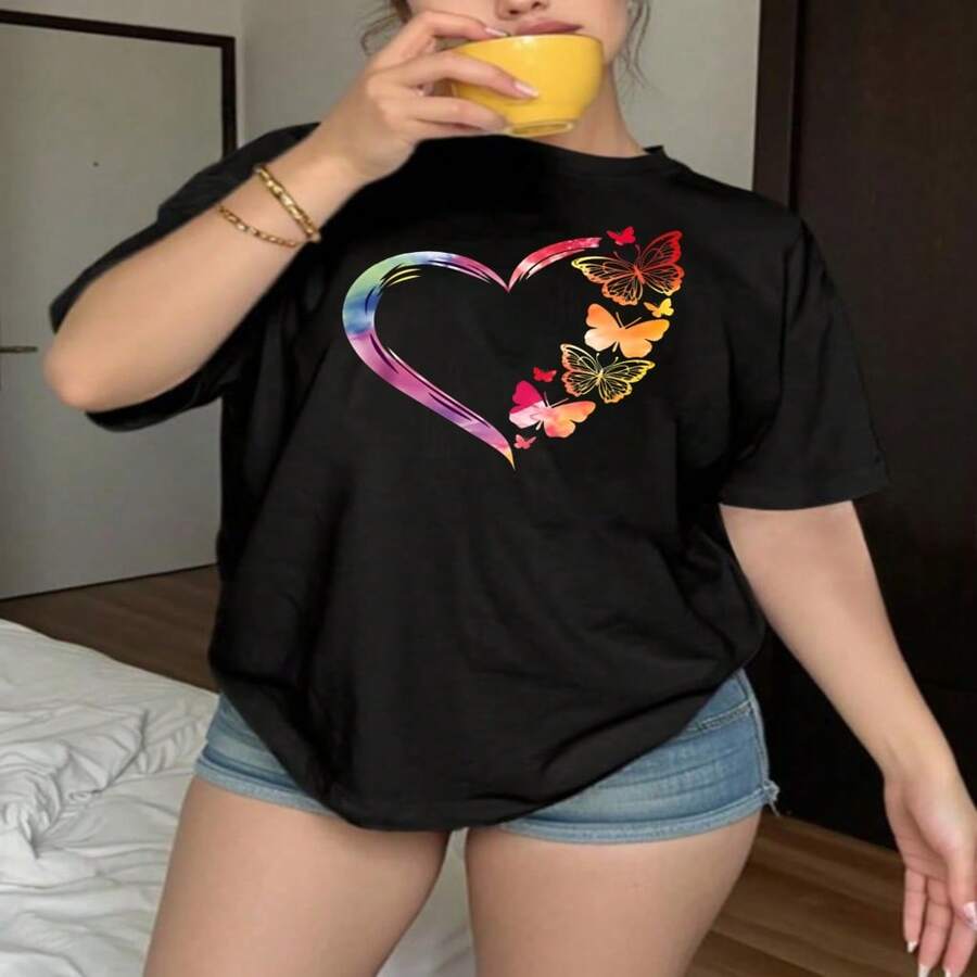 Women's Sexy Cotton Blend Round Neck Short Sleeve Tee with Colorful Butterfly Heart Print - Negro - Ver 1