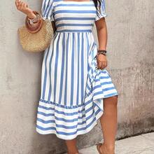 Clasi Elegant Pattern Plus Size Women Long Dress, Spring/Summer - Azul y blanco - Ver 5
