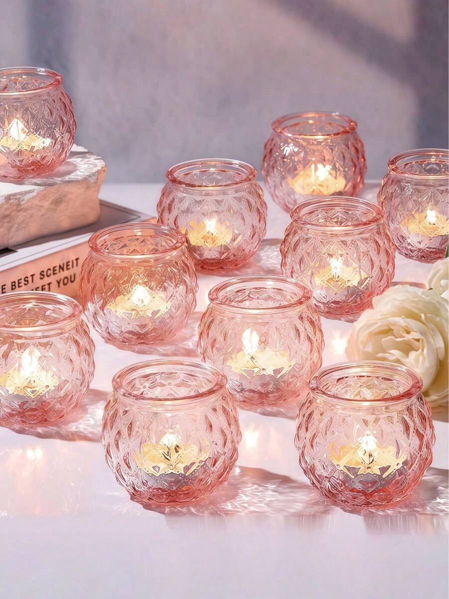 Set Of 6 Pink Glass Candle Holders, Diamond Pattern Design, Suitable For Wedding Table Decor, Halloween Party Decor, Dining Table Decoration, Indoor Home Decor, Family Gatherings, Theme Parties, Wedding Centerpiece Decor, Living Room And Home Tabletop Decoration - Pink - View 1